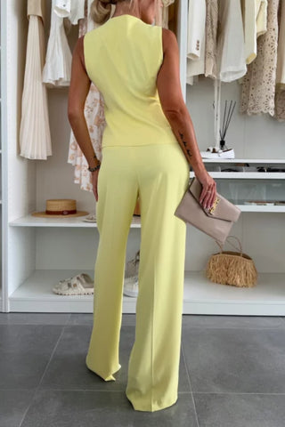 Elegant Commuter V-Neck Button Decorated Vest Trousers Set