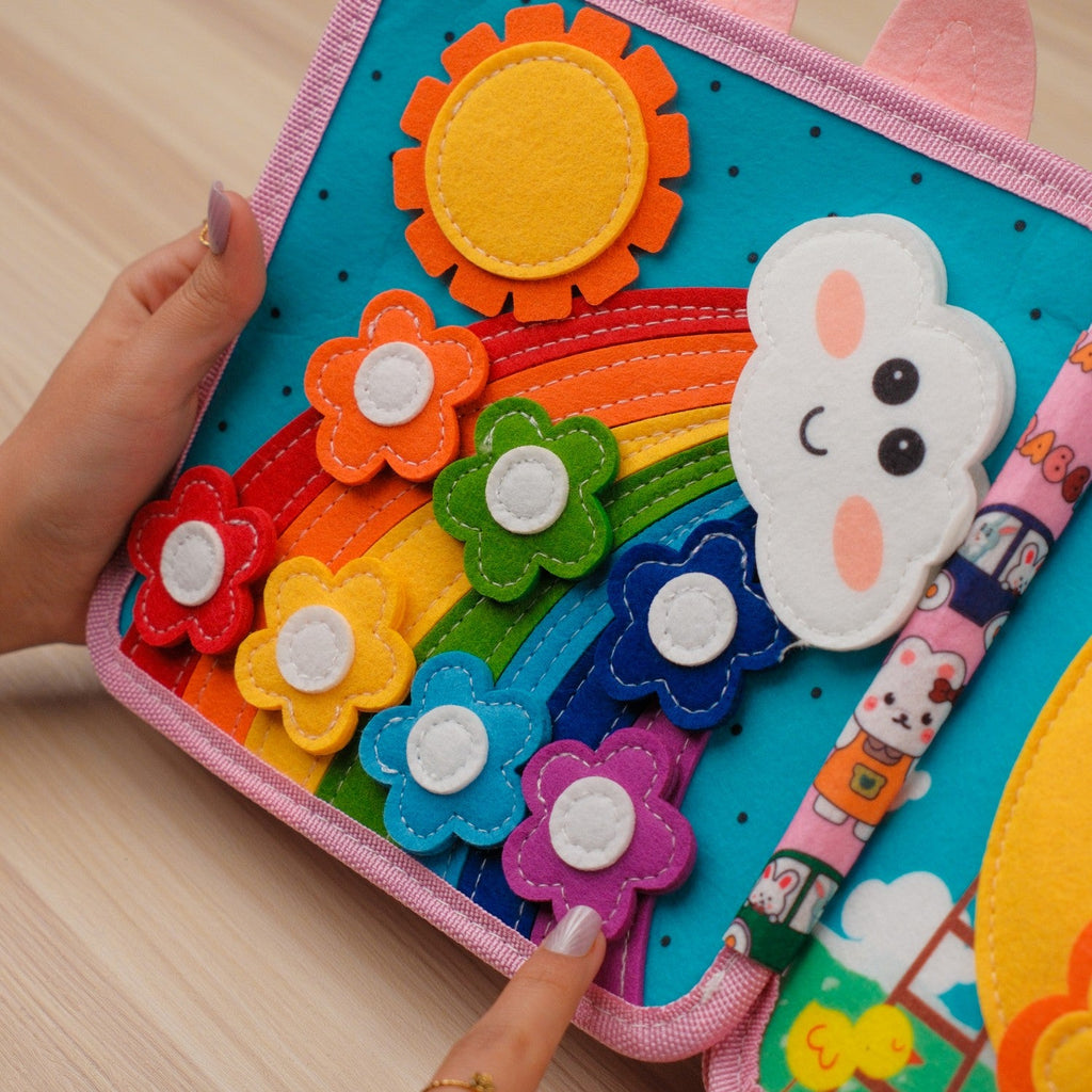 Pink Rabbit Quiet Book — Squeaky Fox, Sensory Animals & Four Seasons