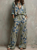 Blue Iris Floral Print Bohemian Two Piece Pants Set