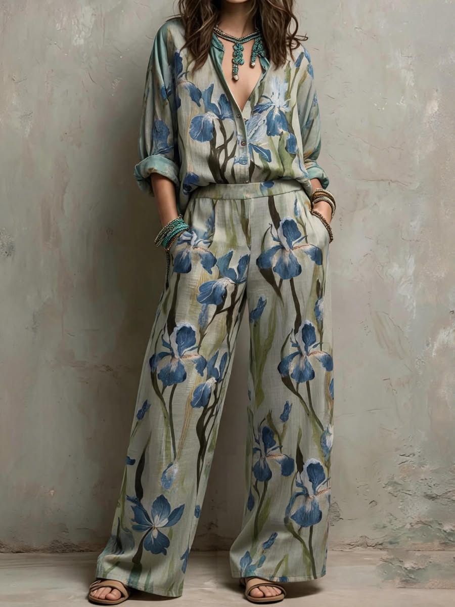 Blue Iris Floral Print Bohemian Two Piece Pants Set
