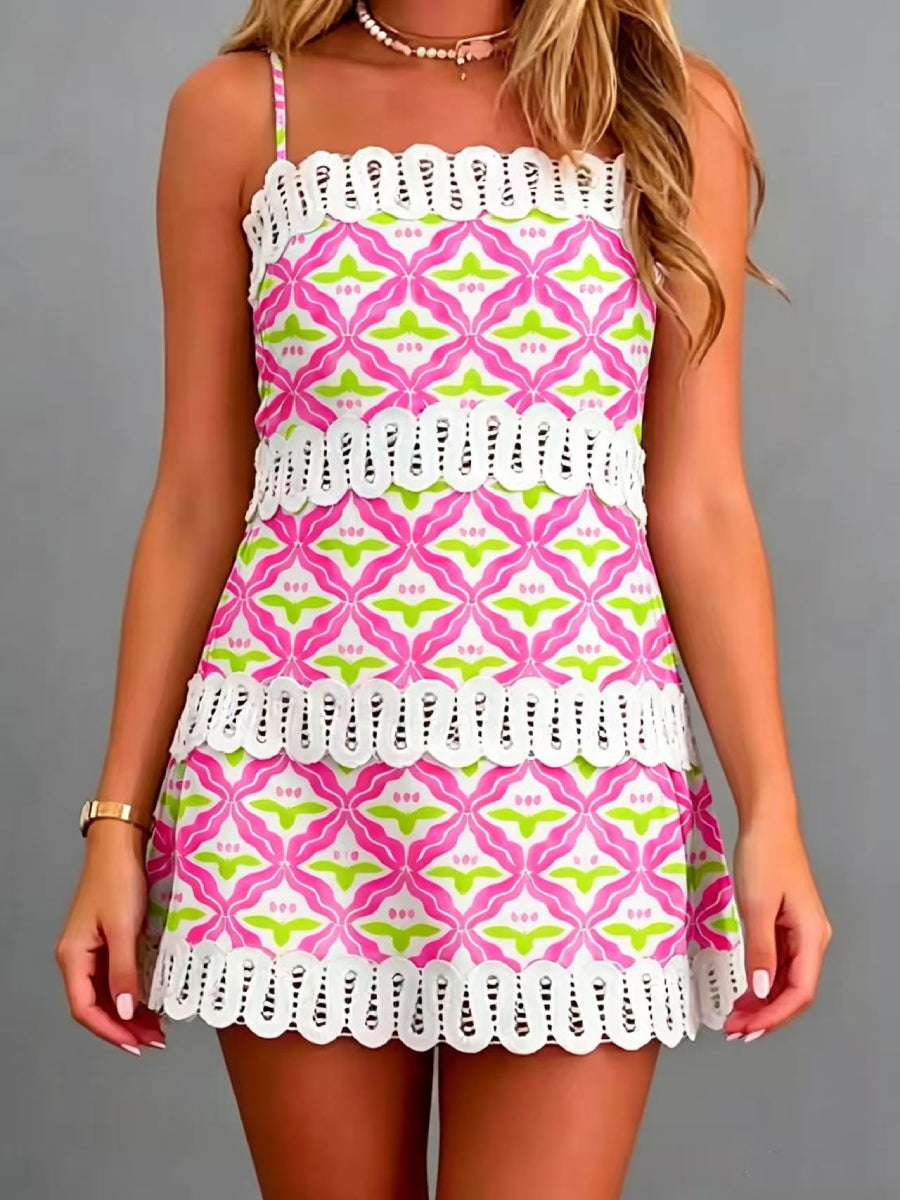 Women Square Neck Multi Layer Hollow Out Crochet Lace Trim A Line Short Vacation Dress