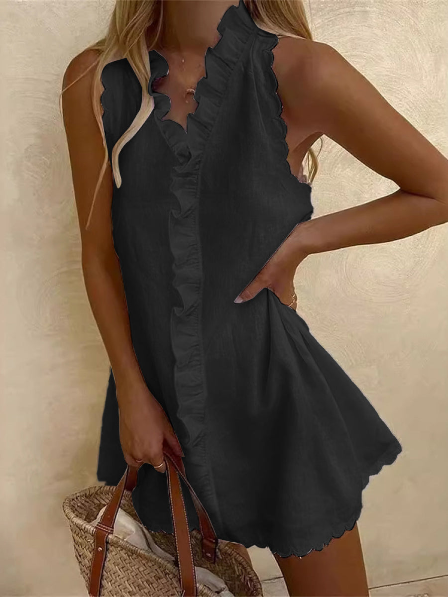 Linen Ruffle V Neck Scalloped Sleeveless Mini Dress