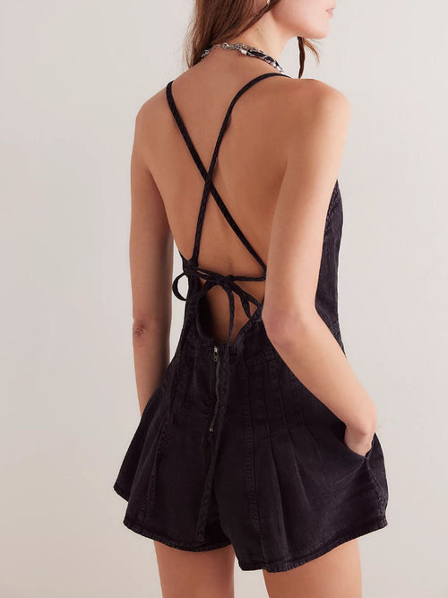 Black Washed Denim Deep V Spaghetti Strap Romper
