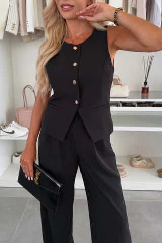 Elegant Commuter V-Neck Button Decorated Vest Trousers Set