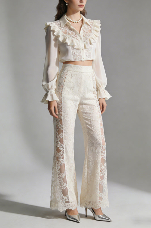 Women's Ivory Lace Ruffled Cropped Shirt & Flared Pants 2-Piece Set - Elegant Bridal Shower Cocktail Party Outfit