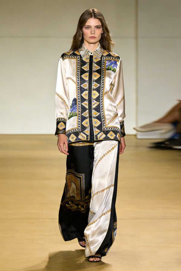 Women's Silk Satin Tribal Scarf Print 2-Piece Co-Ord Set - Oversized Shirt & Wide Leg Pants for Runway-Inspired Formal Cocktail Event