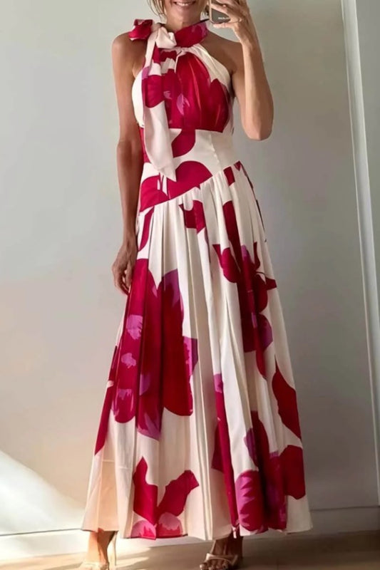 Women's Red Floral Print Halter Neck Maxi Dress - Sleeveless Bow Tie Waist Pleated Gown for Wedding Guest & Summer Events