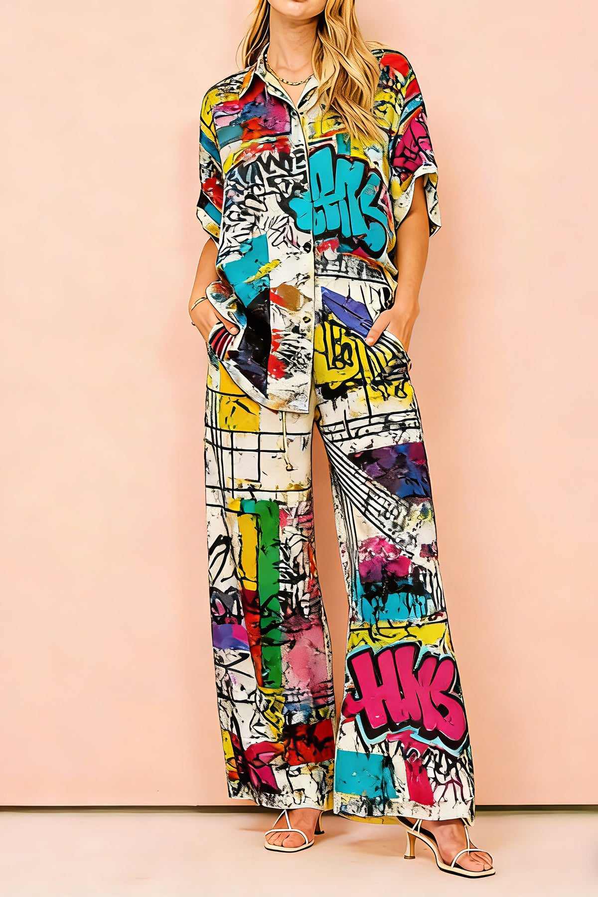 Women's Vibrant Graffiti Print 2-Piece Co-Ord Set - Short Sleeve Shirt & Wide Leg Pants for Urban Streetwear Casual Wear
