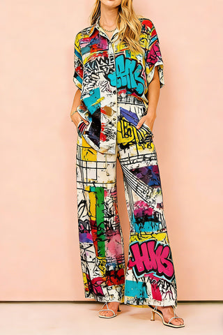 Women's Vibrant Graffiti Print 2-Piece Co-Ord Set - Short Sleeve Shirt & Wide Leg Pants for Urban Streetwear Casual Wear