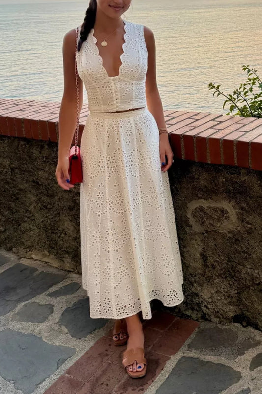 Women's White Eyelet Embroidery 2-Piece Midi Set - Sleeveless Crop Top & Scalloped Hem Midi Skirt for Summer Beach Vacation