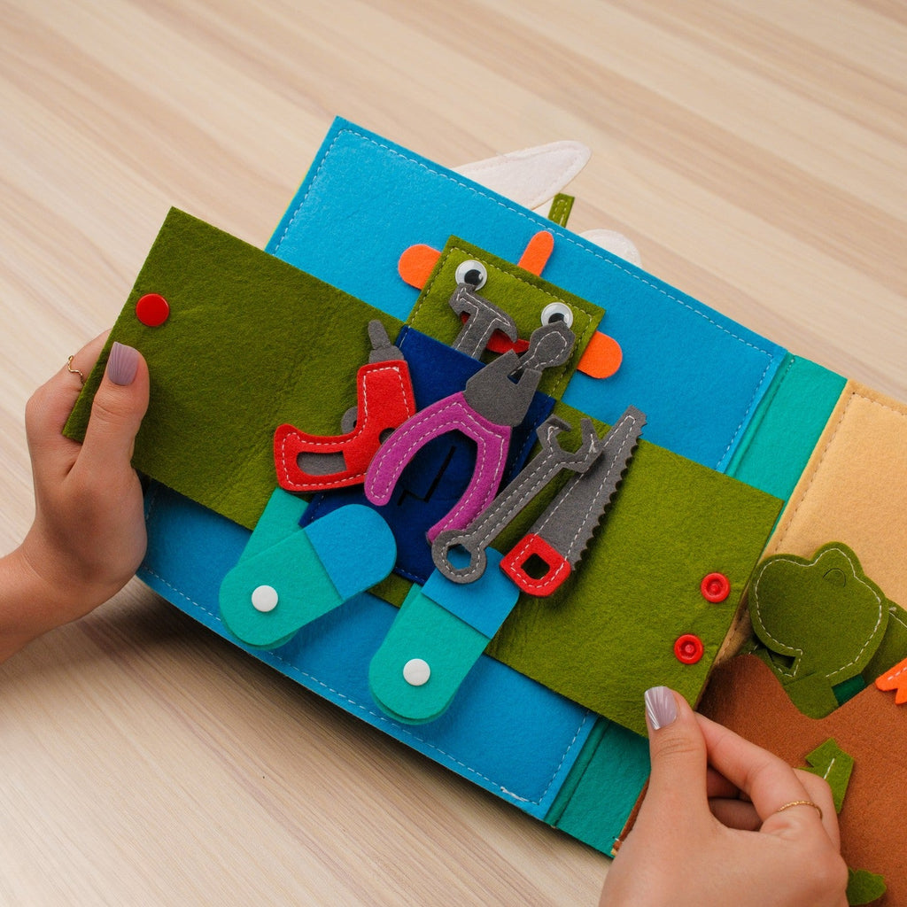 Blue House Quiet Book for Boys — Dress-Up, Robot Toolbox & Dinosaur Eggs
