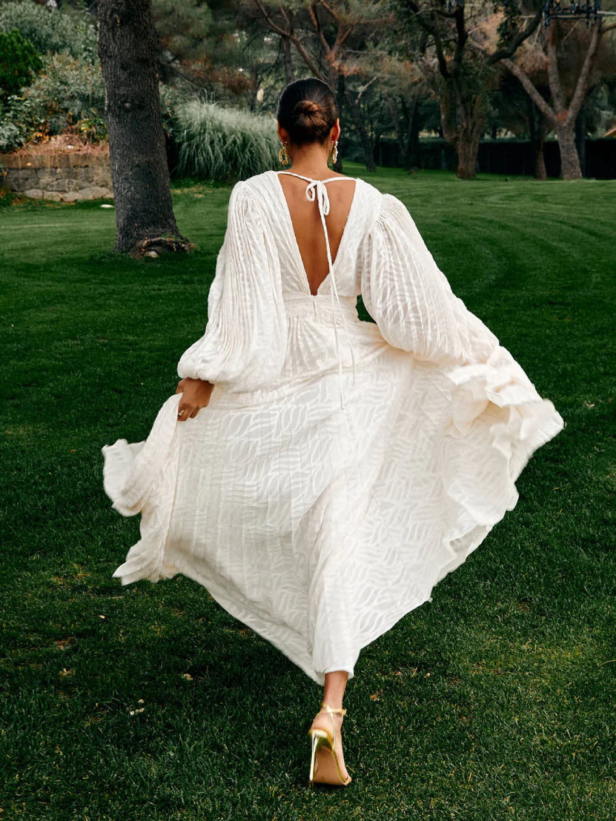 Romantic Textured Chiffon Puff Sleeve Deep V Twist Front Train Maxi Bridal Occasion Dress