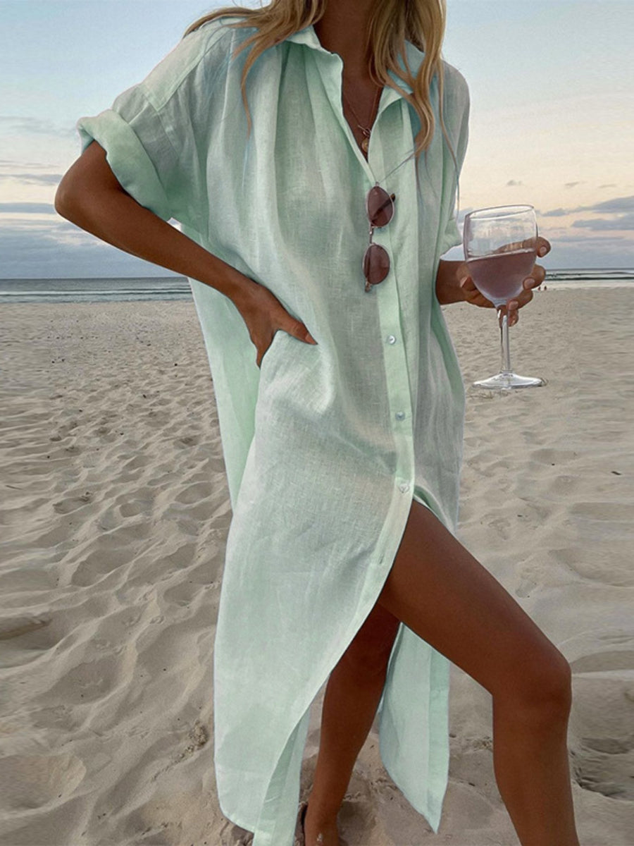 Solid color casual long sleeved mid length cotton and linen shirt dress Secondary image