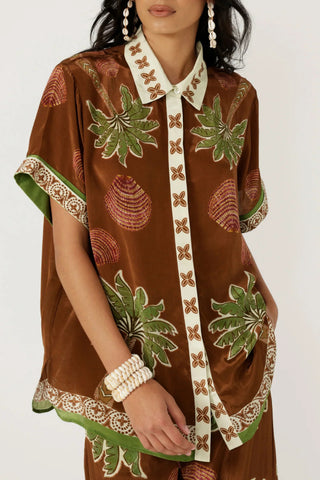 Women's Brown Palm Tree & Seashell Print 2-Piece Co-Ord Set - Short Sleeve Shirt & Wide Leg Pants for Summer Beach Resort Wear