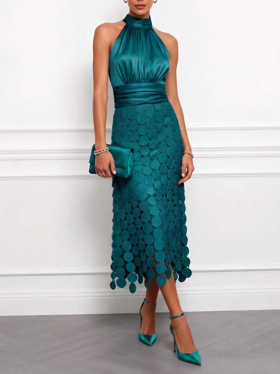 Halter Neck Ruched Satin Waist Circular Cutout Mesh Midi Dress