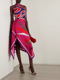 Abstract Geometric Print Halter Top Asymmetrical Hanky Hem Midi Skirt Set