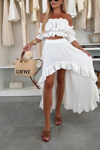 Tube Top Navel Exposed Ruffled Irregular Skirt Two-piece Set