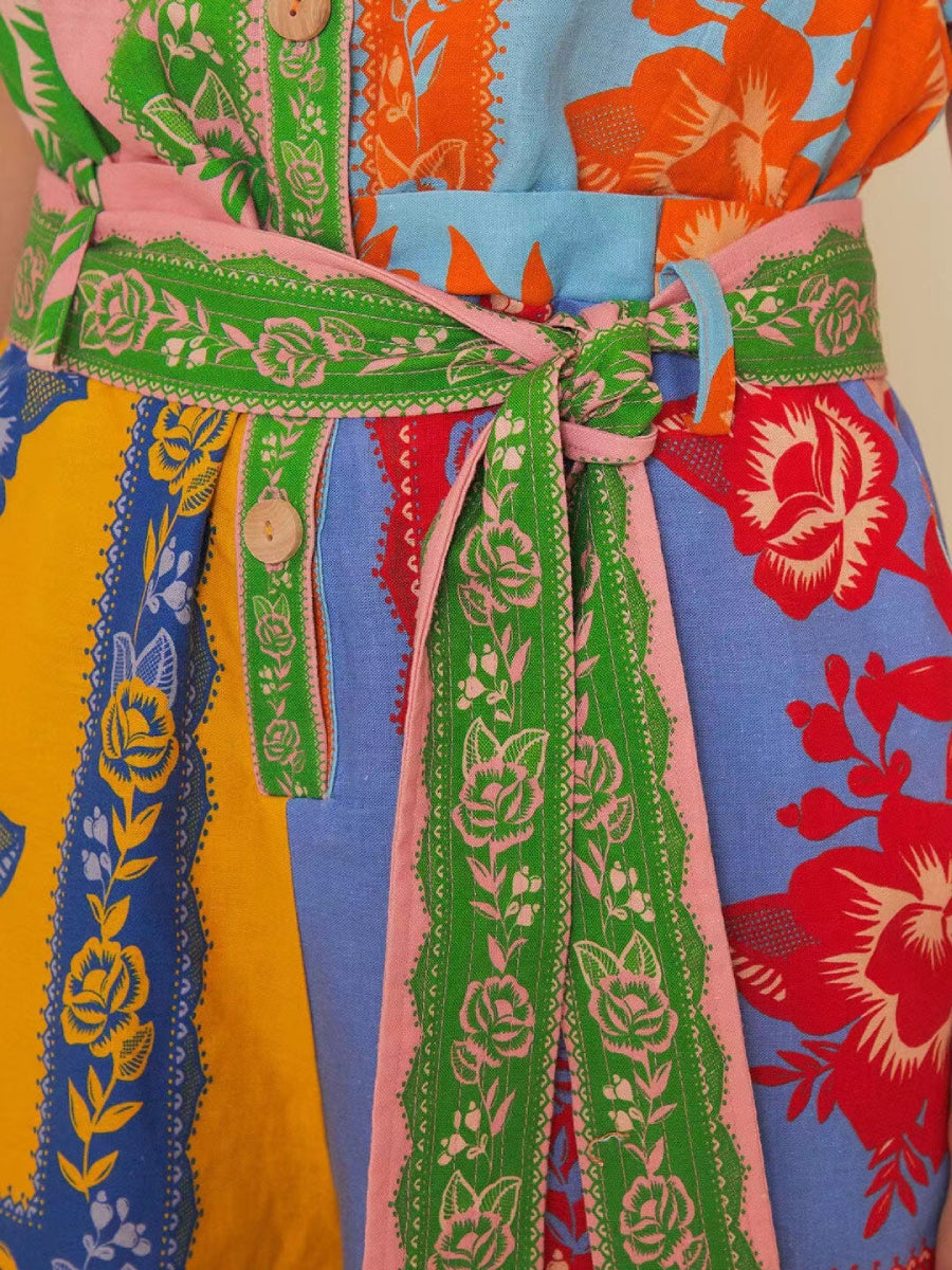 Colorful Patchwork Tropical Parrot Floral Print Belted Shirt Romper