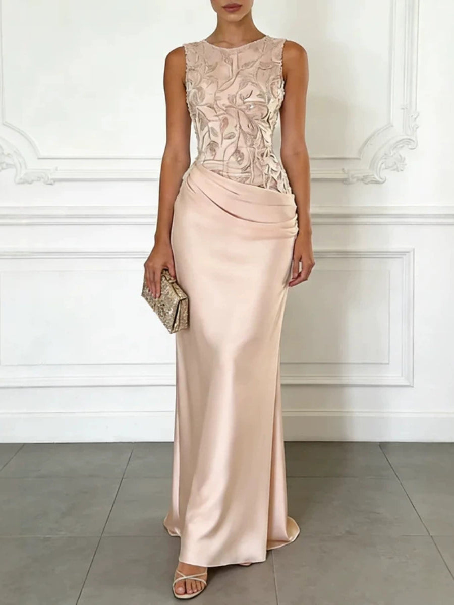 Sleeveless 3D Embossed Floral Lace Bodice Draped Ruched Satin Mermaid Maxi Dress