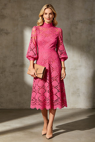 Lace High Neck Balloon Sleeve Midi Dress with Scalloped Hem