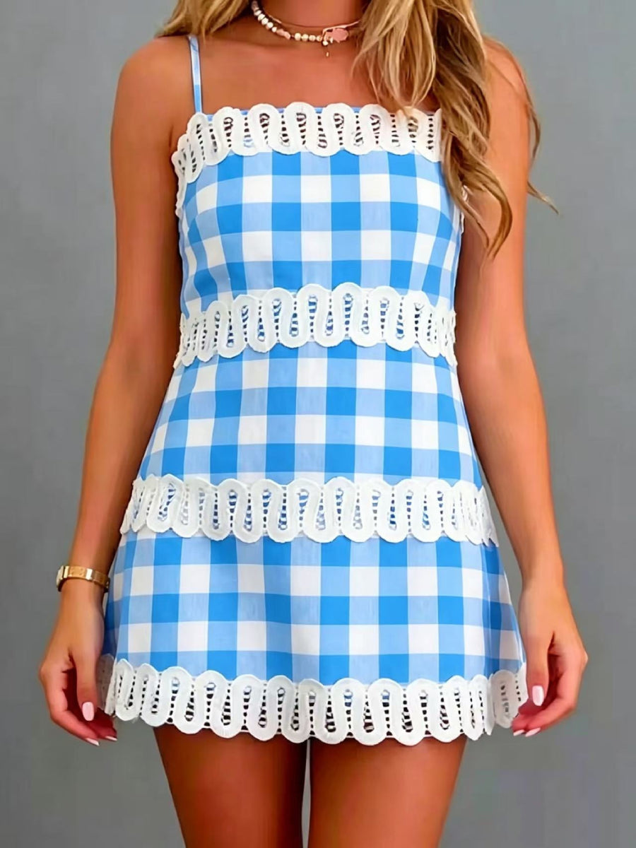 Women Square Neck Multi Layer Hollow Out Crochet Lace Trim A Line Short Vacation Dress