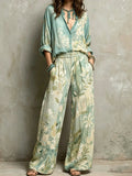 Sage Green Leaf Botanical Print Boho Two Piece Set