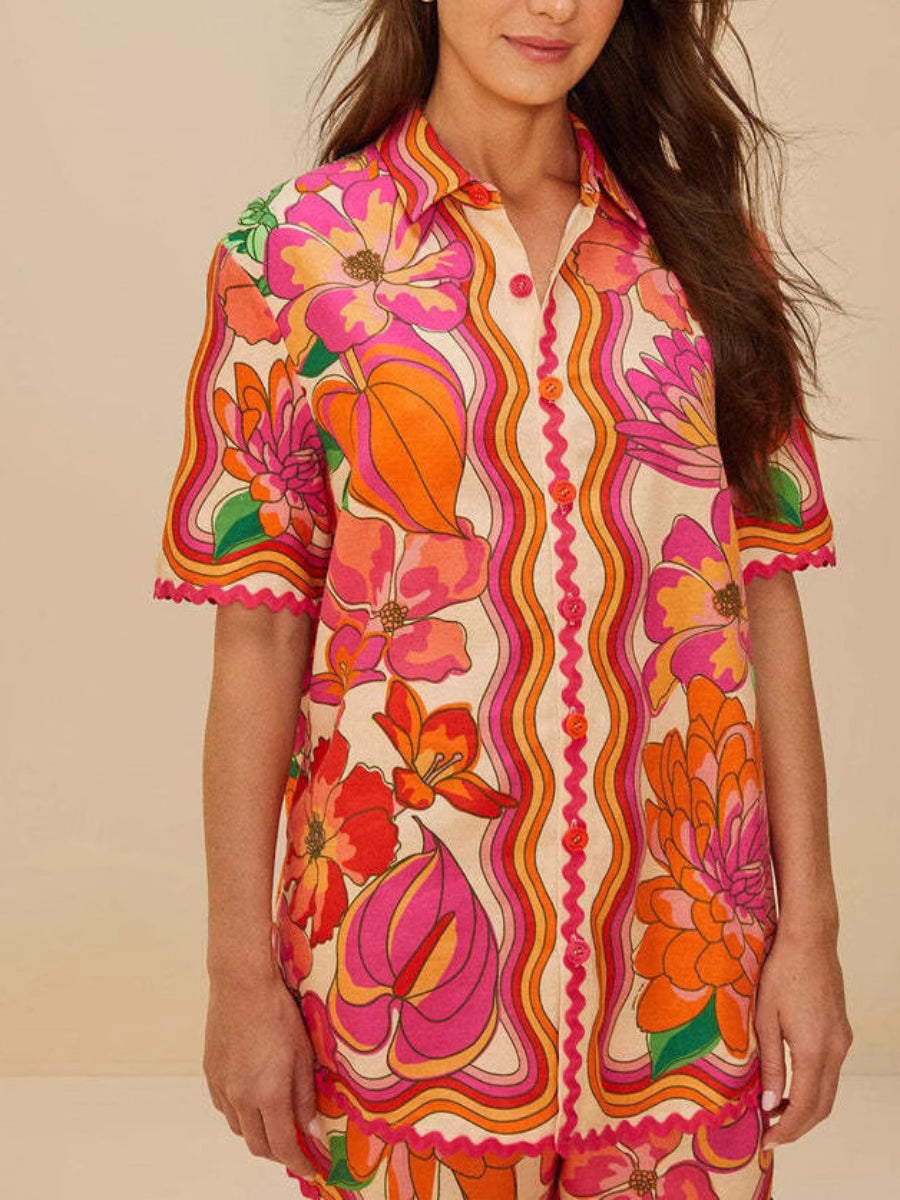 Vintage Psychedelic Floral Scallop Hem Shirt Drawstring Relaxed Fit Shorts Summer Holiday Co Ord
