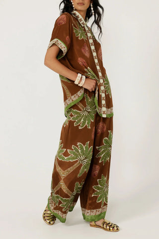 Women's Brown Palm Tree & Seashell Print 2-Piece Co-Ord Set - Short Sleeve Shirt & Wide Leg Pants for Summer Beach Resort Wear