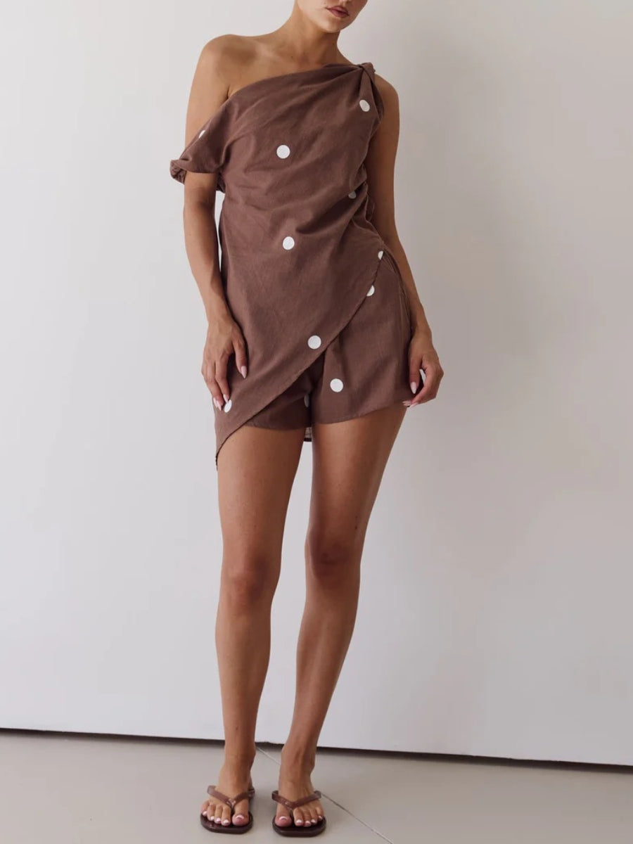 Brown White Polka Dot One Shoulder Linen Two Piece Short Set