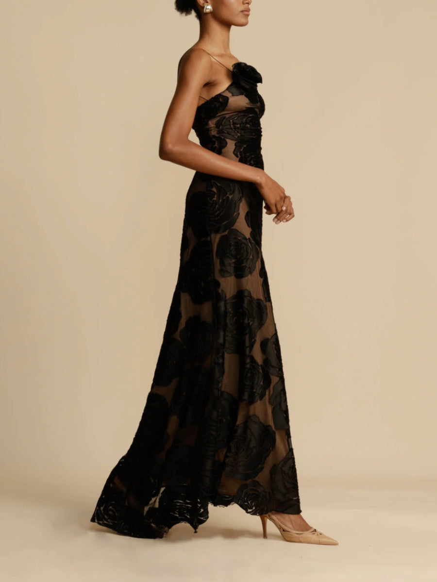 Strapless one-shoulder floral maxi dress