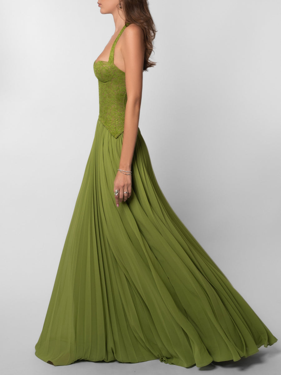Elegant Lace Corset Bodice Pleated Chiffon Skirt Gala Maxi Dress for Wedding Guest & Red Carpet