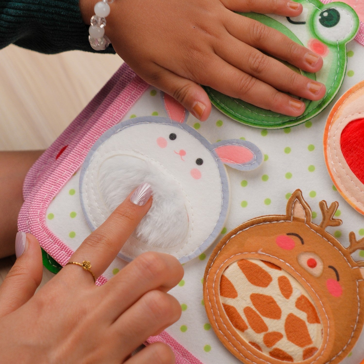Pink Rabbit Quiet Book — Squeaky Fox, Sensory Animals & Four Seasons