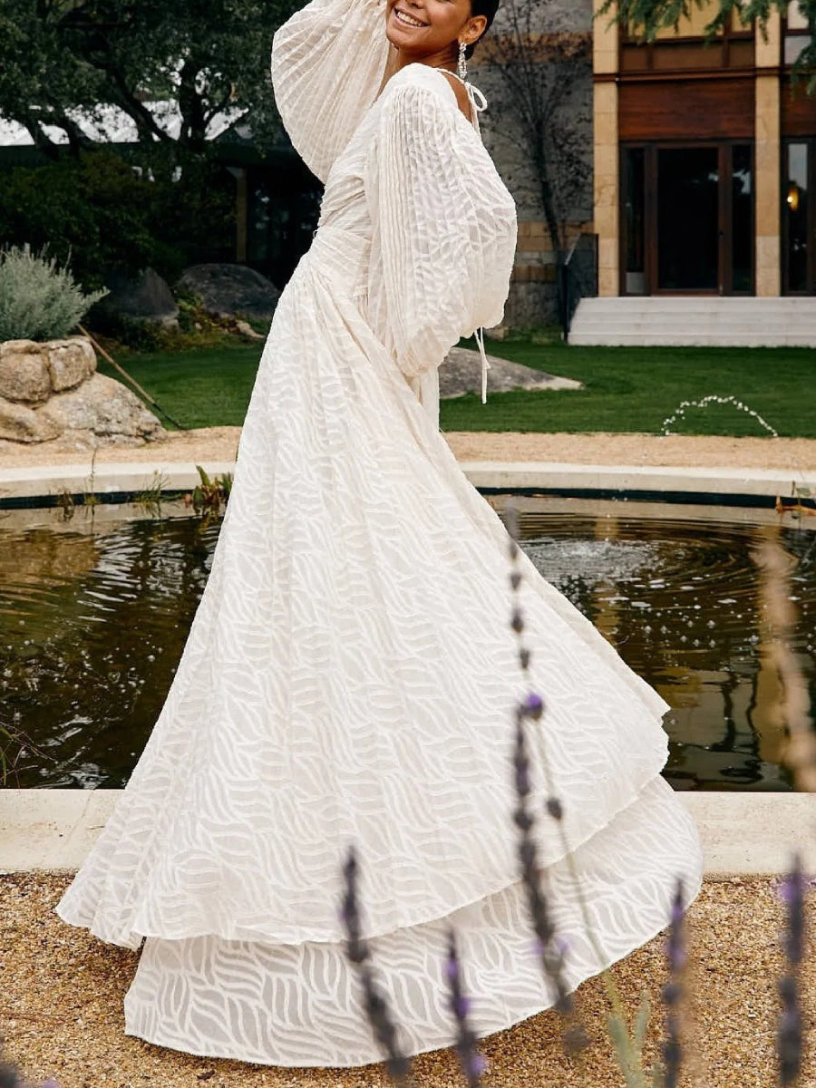 Romantic Textured Chiffon Puff Sleeve Deep V Twist Front Train Maxi Bridal Occasion Dress