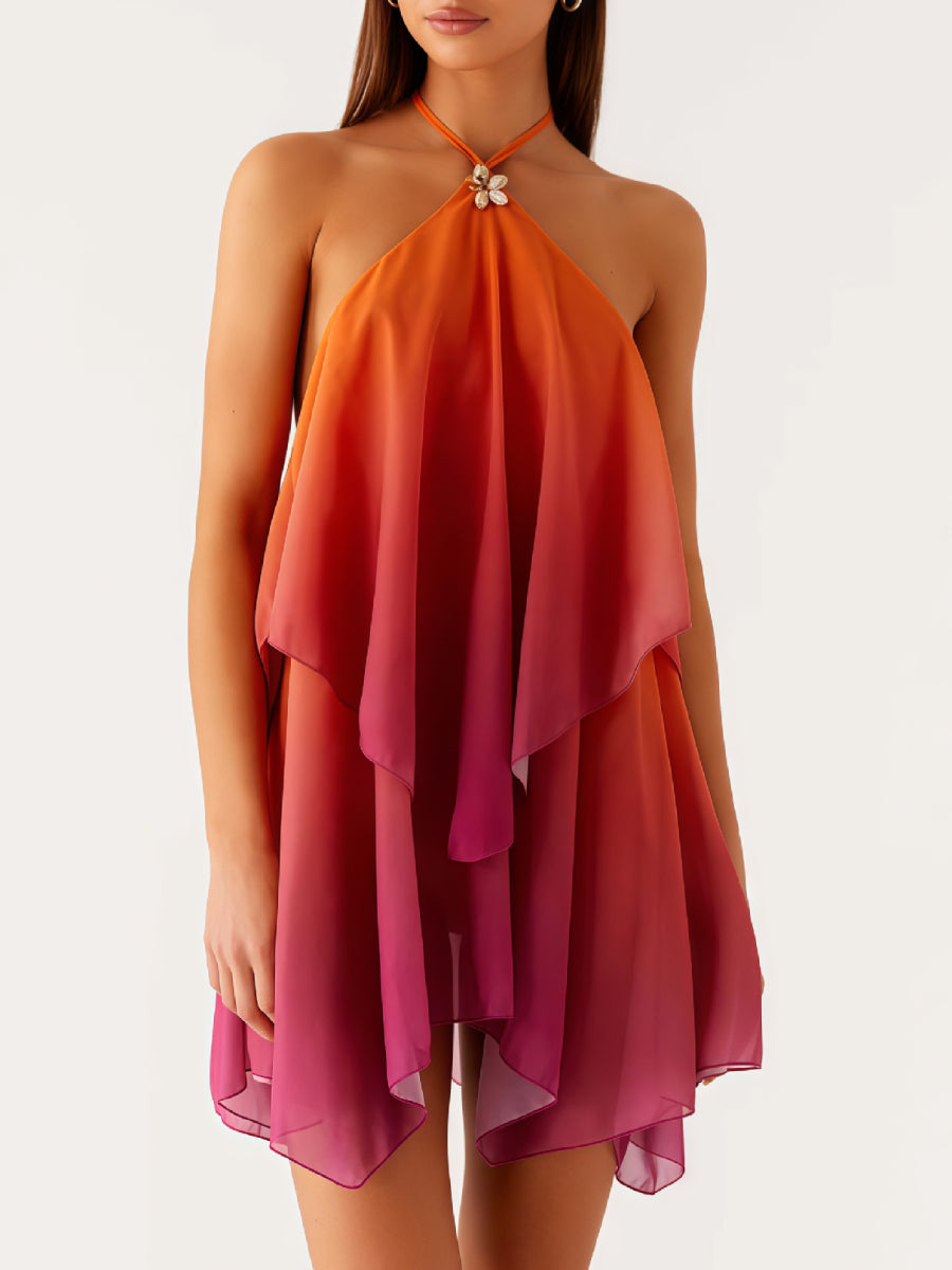 Halter Strap Gradient Color Double Layer Flowy Mini Cocktail Dress Main image