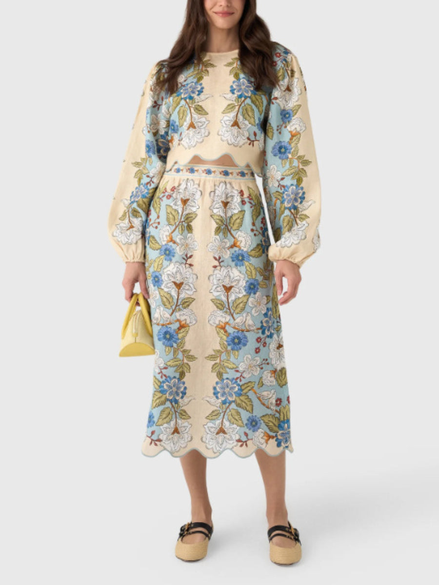 Garden Floral Print Lantern Sleeve Scalloped Edge Crop Top Midi Skirt Casual Co Ord Set Main image