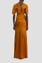 Women's Burnt Orange Satin Maxi Dress - Ruffle Sleeve Ruched Waist Formal Gown for Wedding Guest & Evening Events