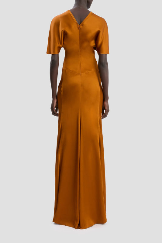 Women's Burnt Orange Satin Maxi Dress - Ruffle Sleeve Ruched Waist Formal Gown for Wedding Guest & Evening Events