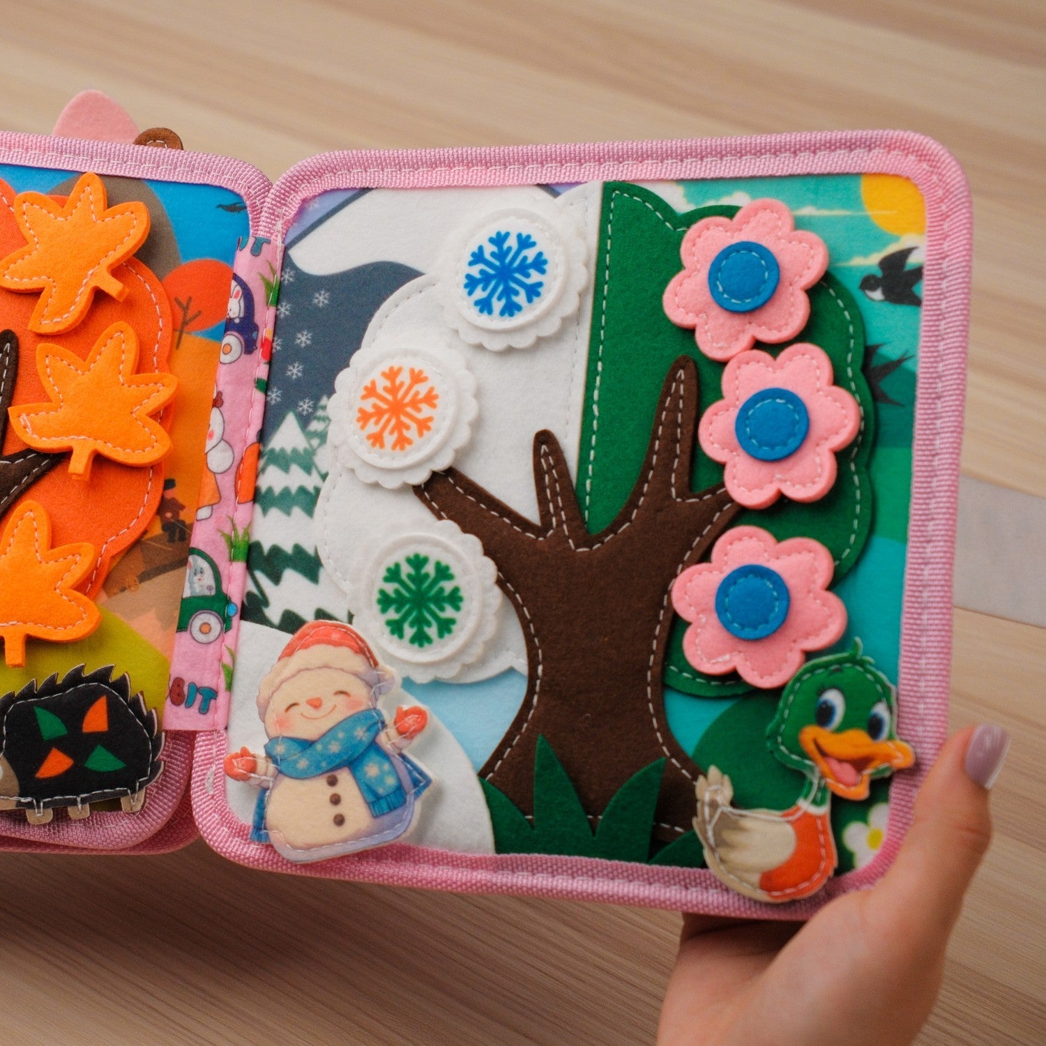 Pink Rabbit Quiet Book — Squeaky Fox, Sensory Animals & Four Seasons