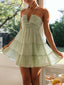 Halter Deep V Ruched Bust Tiered Ruffle Mini Dress