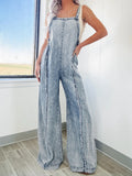 Light Acid Wash Frayed Edge Wide Leg Denim Overalls Jumpsuit