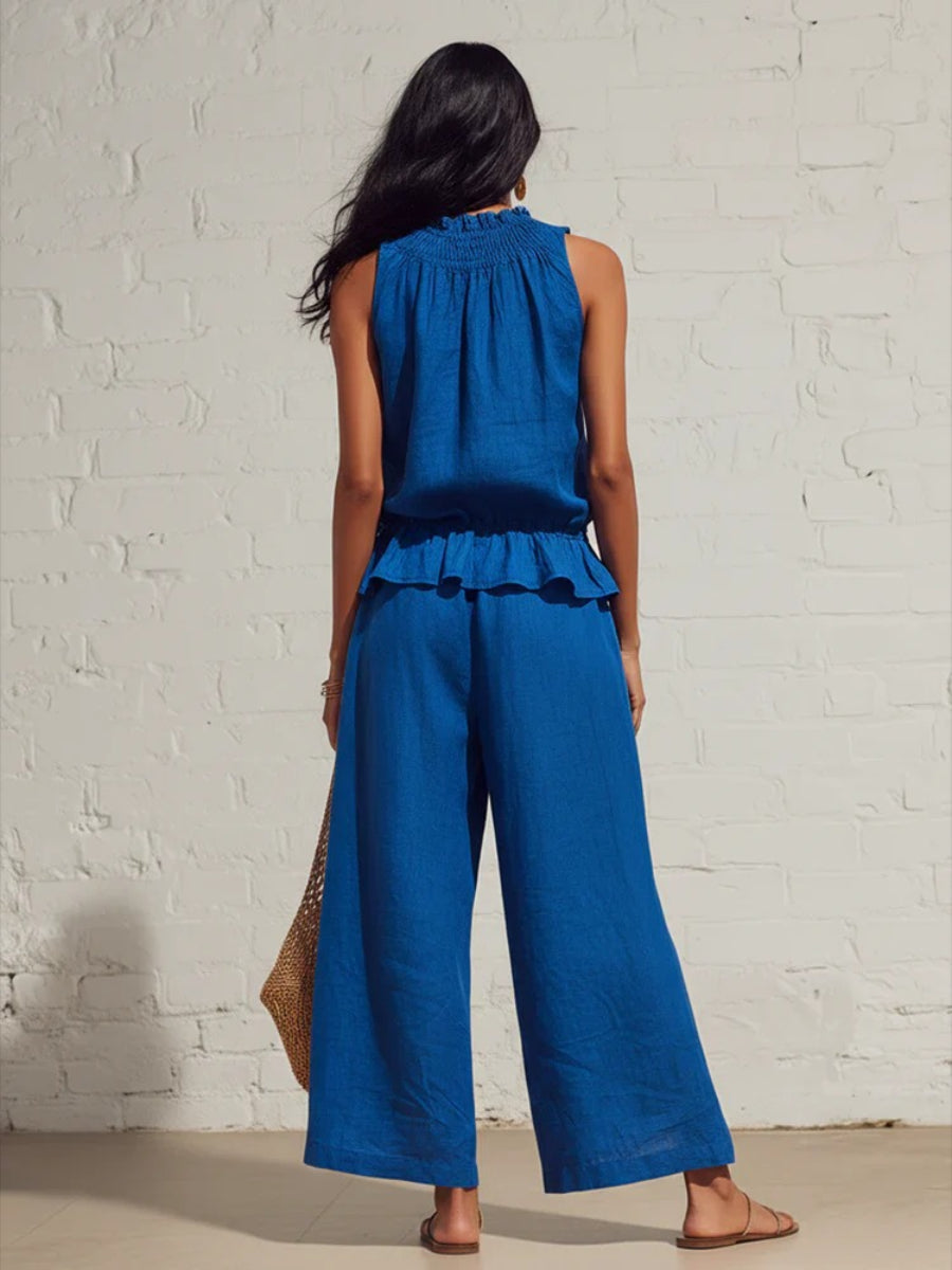 Linen Smocked Neck Ruffle Hem Tank Top Wide Leg Pants Two Piece Matching Set
