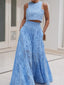 Romantic Hollow Embroidery Sleeveless Crop Top High Waist Flared Maxi Skirt Co Ord Set