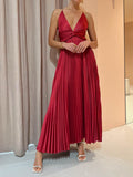 Satin Spaghetti Strap Deep V Twist Waist Pleated Maxi Dress