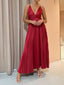 Satin Spaghetti Strap Deep V Twist Waist Pleated Maxi Dress