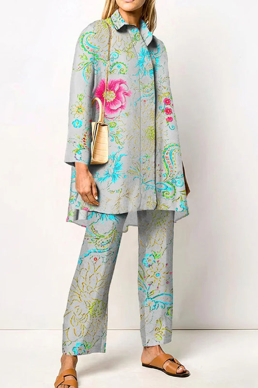 Vintage Floral Elegant Long Sleeved Shirt Two-Piece Set