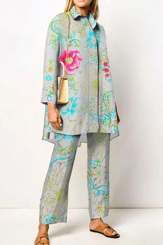 Vintage Floral Elegant Long Sleeved Shirt Two-Piece Set