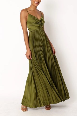 V-neck elegant suspender backless long pleated dress