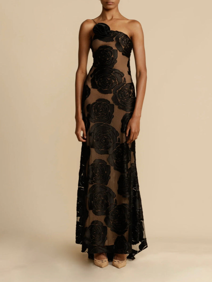 Strapless one-shoulder floral maxi dress