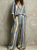 Blue Sage Green Vertical Stripe Boho Two Piece Set