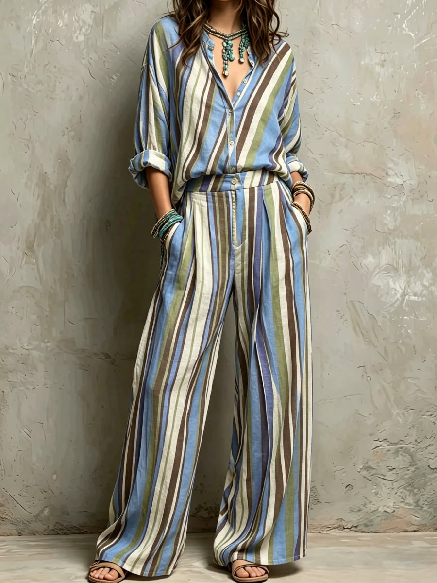 Blue Sage Green Vertical Stripe Boho Two Piece Set